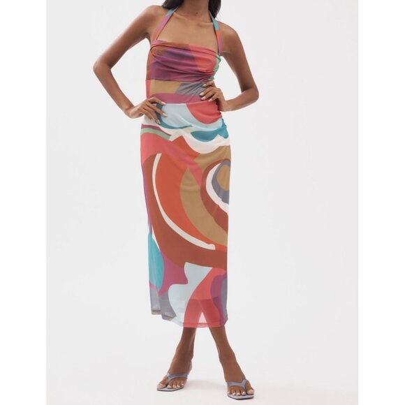 Anthropologie Square-Neck Halter Midi Dress Size M Petite Pink Pattern - Picture 1 of 9